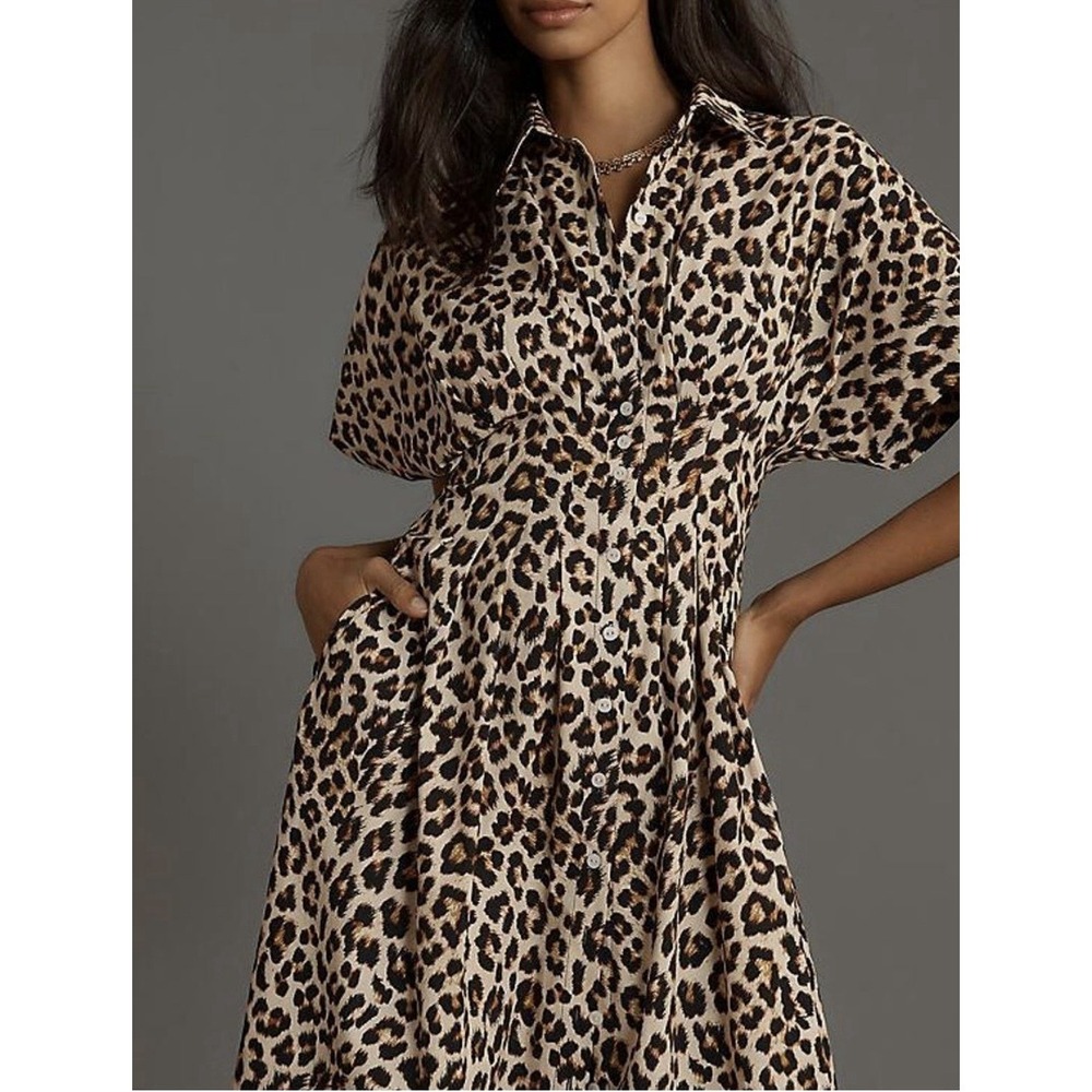 Exquise Anthropologie Animal Print Maxi Shirt Dress Women's M Long Button Front